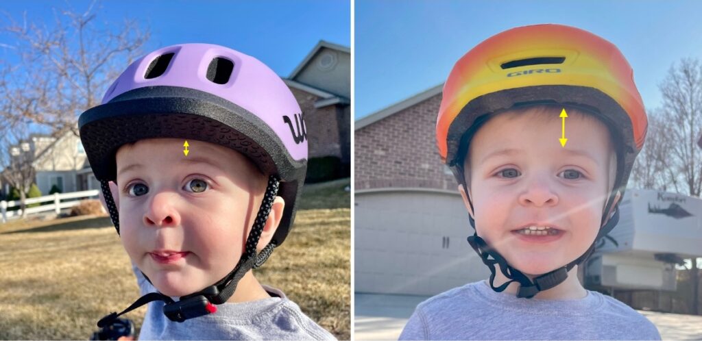 Front comparison of the Giro Scamp II and the woom READY helmet depth on the forehead