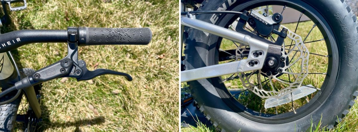 hydraulic disc brakes on the Prevelo Zulu’s showing the brake lever and the rear rotor