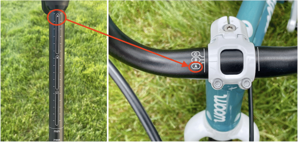 woom 3 size markings on the seat post and stem