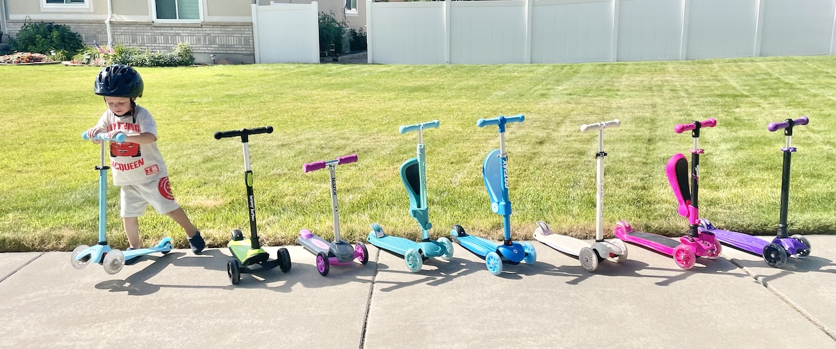 group of three wheeled toddler scooters for testing
