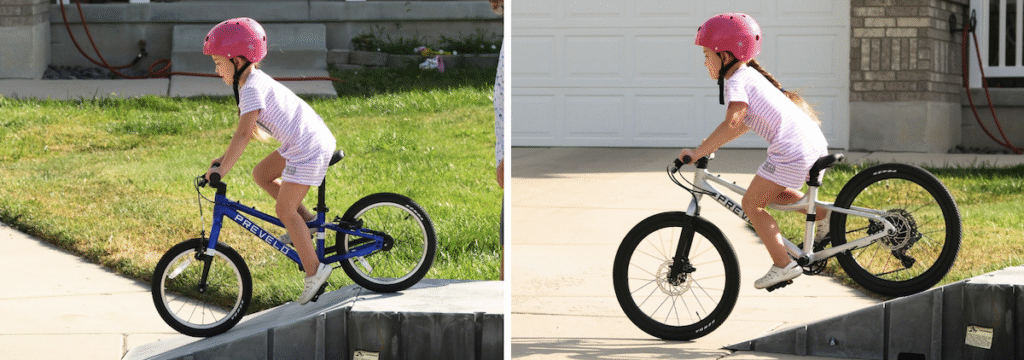 girl riding down a ramp on the prevelo 16” and 20” alpha bikes