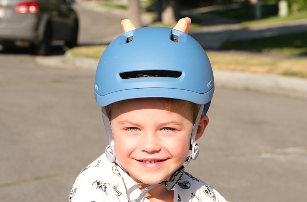 sparky helmet worn by a toddler showing the front vent