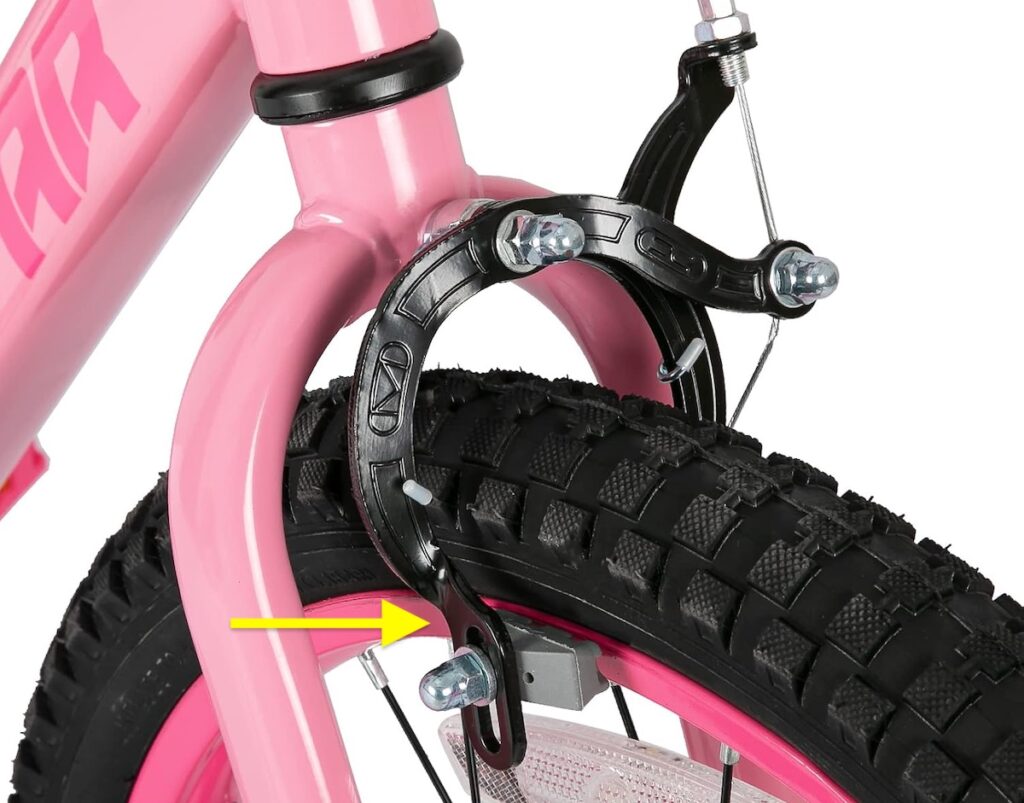 kids bike with painted rims and single caliper brakes