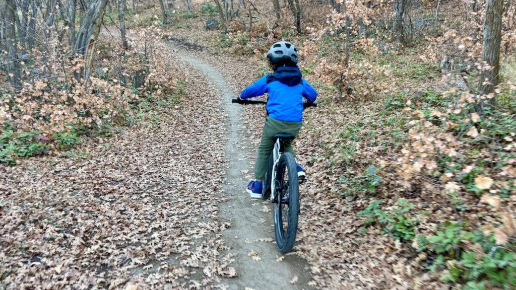 young child riding up the Early Rider Seeker 24 up a trail