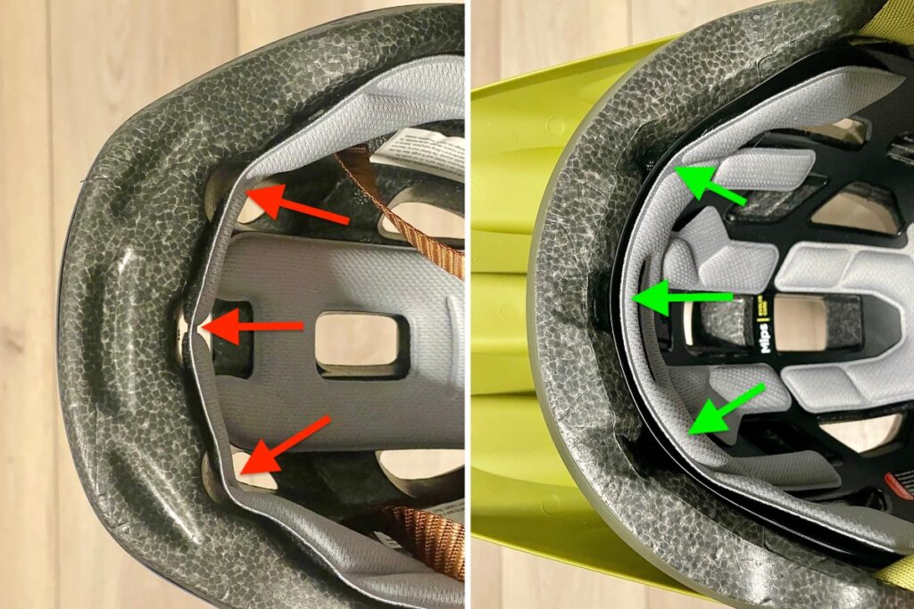 front pads of helmets in channels
